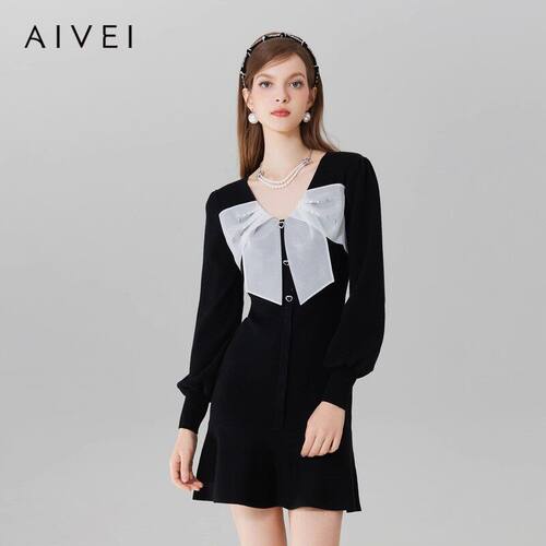 AIVEI/艾薇2023秋季蝴蝶结V领针织连衣裙专柜正品Q056S125-2180