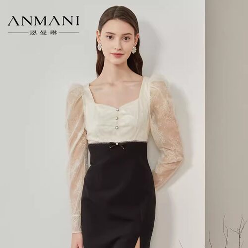 ANMANI/恩曼琳2023春季优雅蕾丝拼接洋装专柜正品WANDAA38-1880