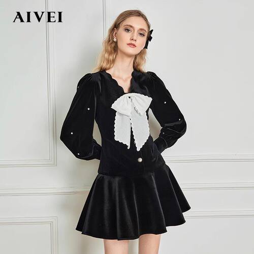 AIVEI/艾薇 21冬季新品蝴蝶结V领丝绒洋装N0660123-1780