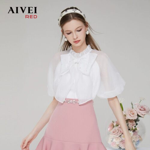 AIVEI欣贺艾薇夏季新品名媛少女珍珠蝴蝶结透视雪纺衬衫Q0360074