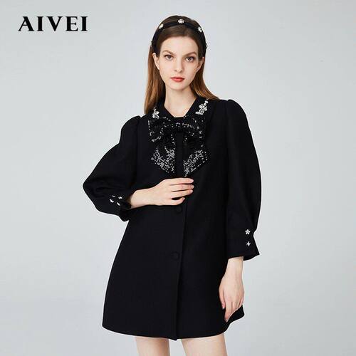 AIVEI/艾薇2021冬季新品亮片翻领中长款女大衣外套N0660039-3580