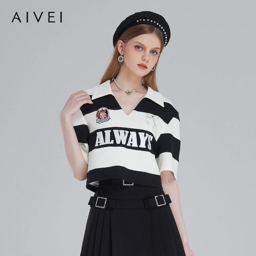 AIVEI/艾薇2023春季休闲条纹短袖针织上衣专柜正品Q0160188-1480