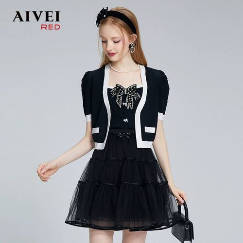 AIVEI欣贺艾薇夏季新品小香风开衫针织衫吊带两件套P0360180-1880