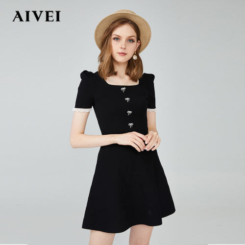 AIVEI/艾薇方领短袖高腰针织连衣裙21秋季新品正品N056S086-1980