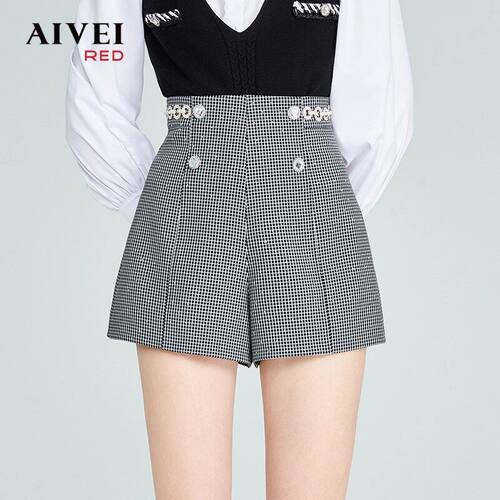 AIVEI/艾薇2022秋季高腰格纹阔腿短裤子专柜正品P0560034-1180