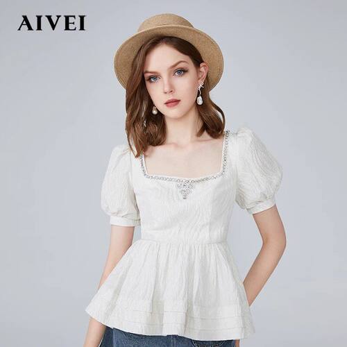 AIVEI/艾薇 镶钻泡泡袖收腰上衣2021夏季专柜正品N0360159-1480