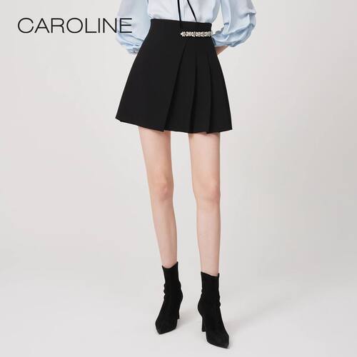 CAROLINE卡洛琳春夏水钻装饰A字高腰显瘦短款百褶半身裙ECRCAA28
