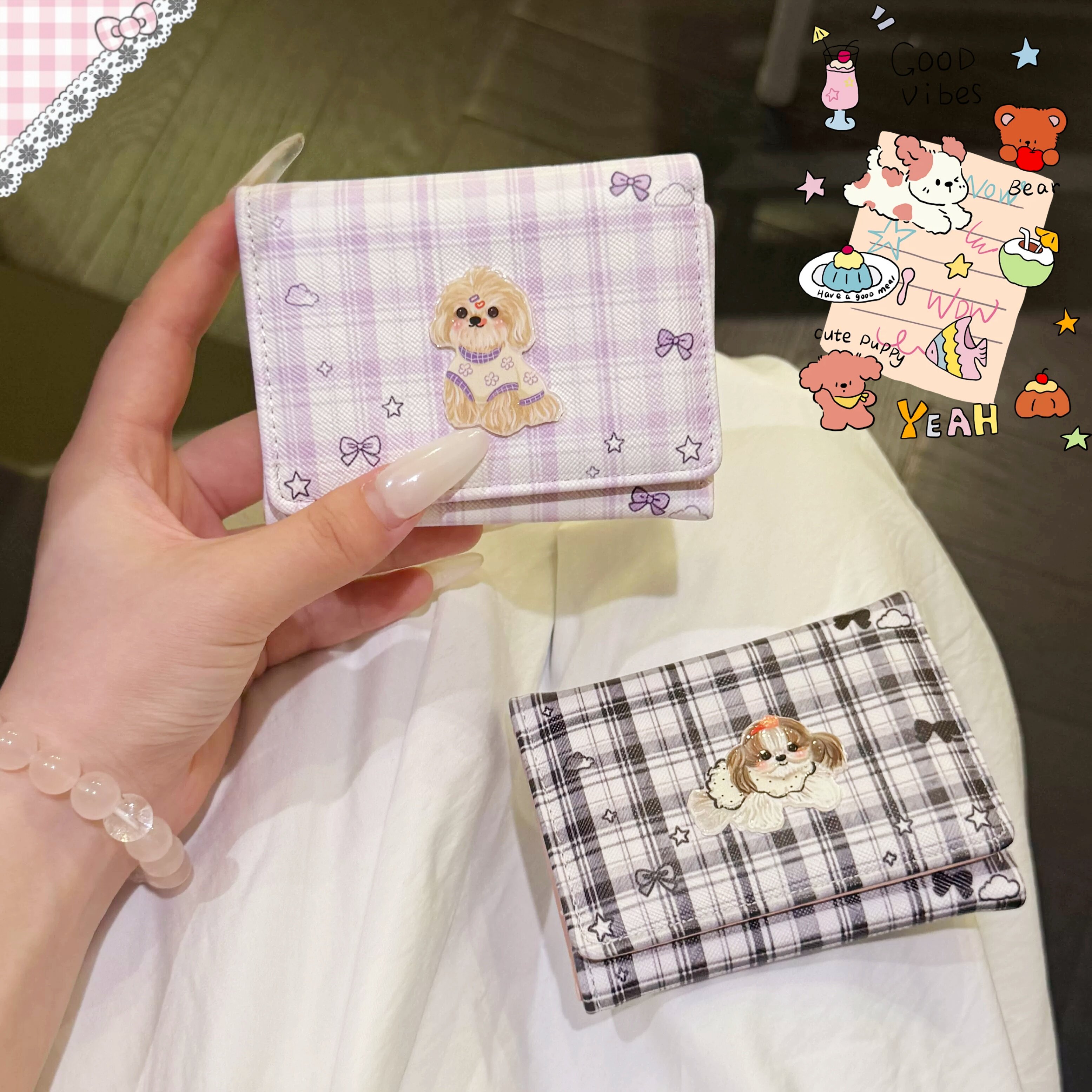 韩系格纹小狗三折多卡位钱包女