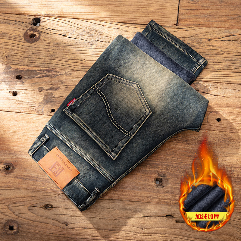 冬季水洗加绒加厚牛仔裤长裤拉链