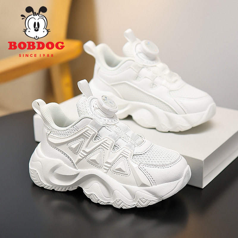 巴布豆童鞋男童小白鞋2025春秋新款皮面防水儿童运动鞋女童老爹鞋