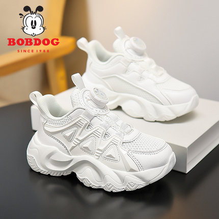 巴布豆童鞋男童小白鞋2025春秋新款皮面防水儿童运动鞋女童老爹鞋