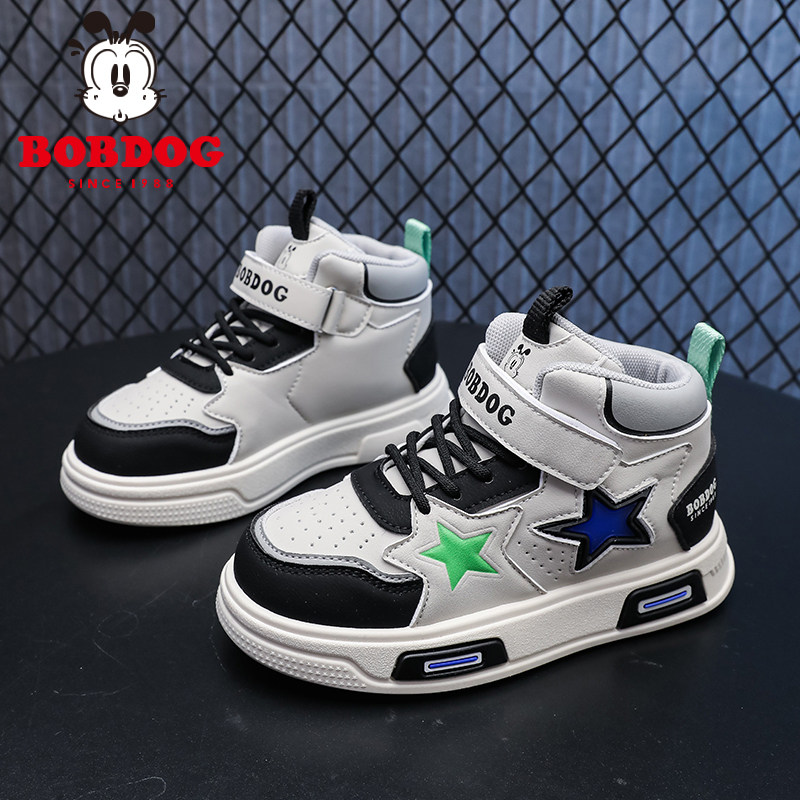 巴布豆童鞋男童高帮板鞋2024春秋新款皮面防水儿童时尚休闲运动鞋