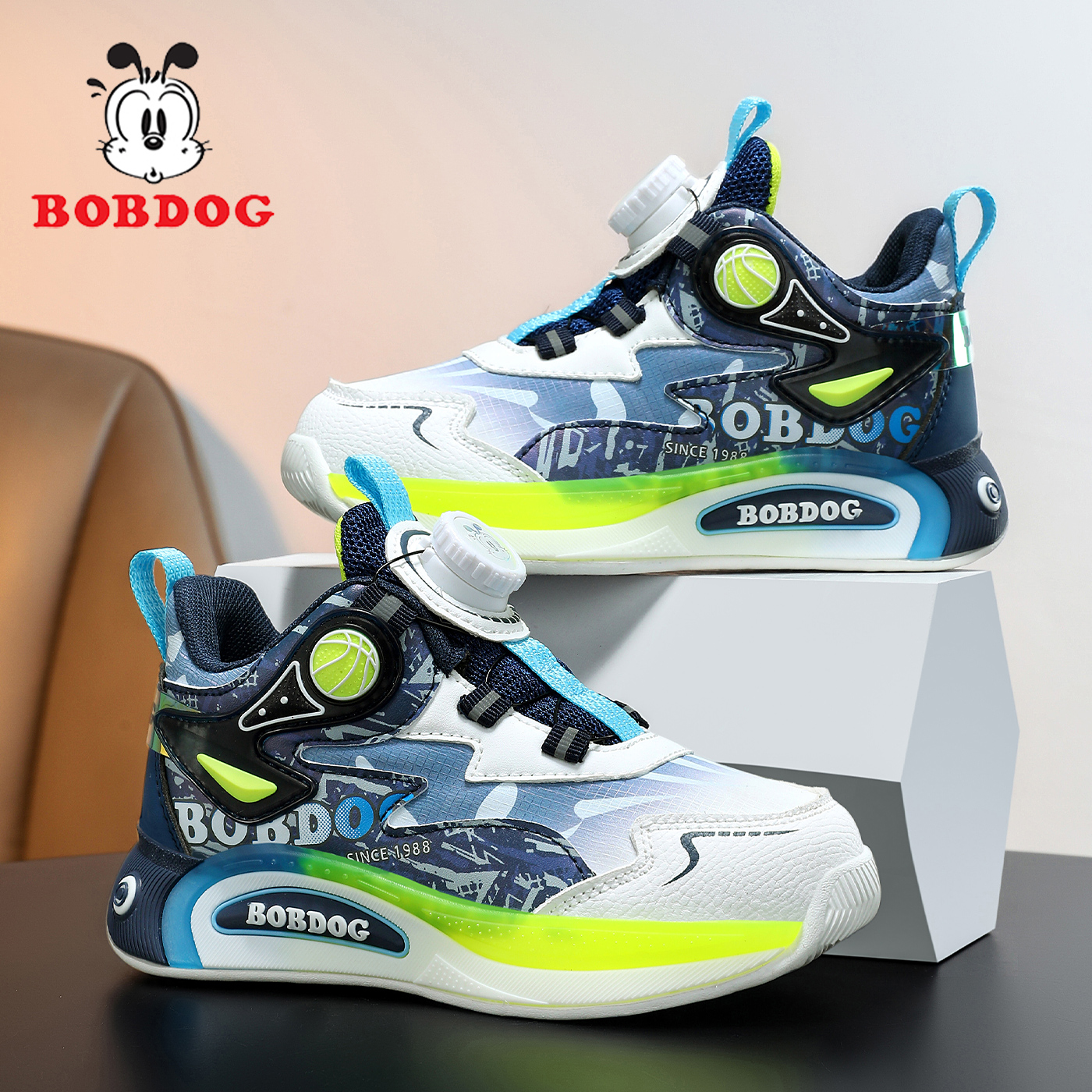 巴布豆童鞋男童旋转扣运动鞋2025春秋新款皮面防水儿童耐磨篮球鞋