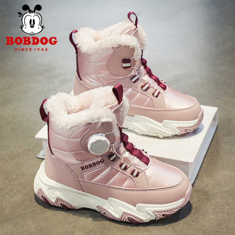 巴布豆童鞋女童雪地靴2024冬季新款加绒保暖儿童大棉鞋子中筒靴子