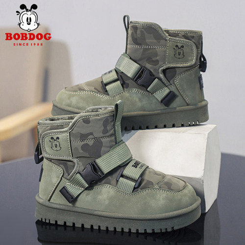 巴布豆童鞋男童雪地靴2024冬季新款加绒加厚儿童中筒靴男孩大棉鞋