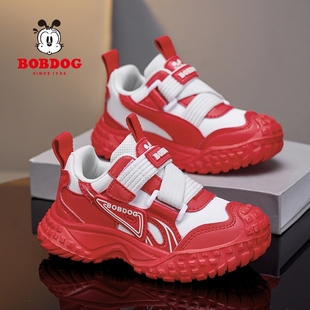 巴布豆童鞋红色儿童运动鞋2025秋冬季新款皮面防水男童鞋子女童鞋