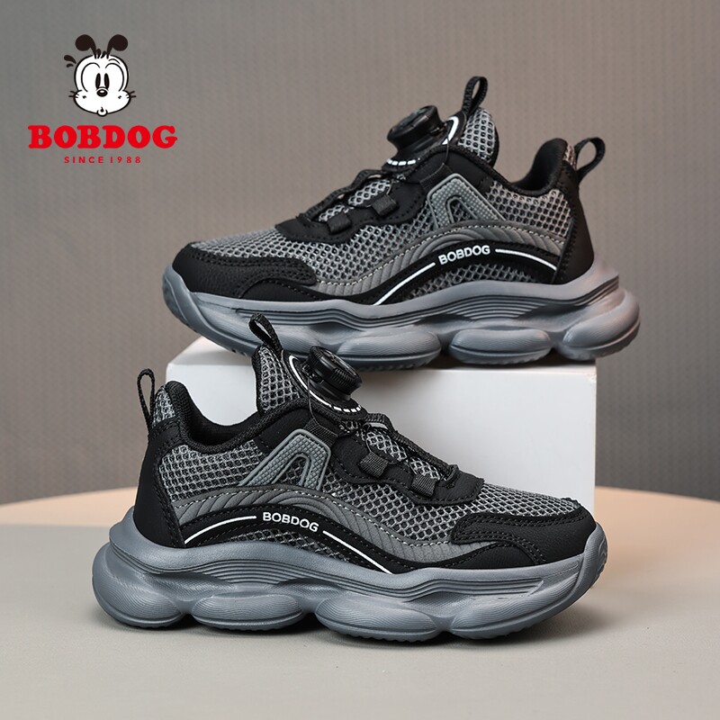 巴布豆童鞋男童黑色运动鞋2026夏季新款透气中大童儿童单网跑步鞋