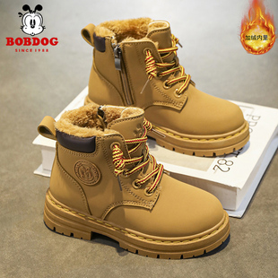 巴布豆童鞋男童大棉靴2024冬季新款加绒加厚儿童小黄靴男孩马丁靴