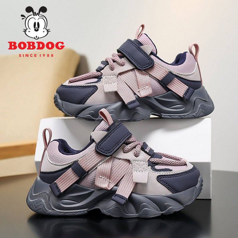 巴布豆童鞋女童鞋子2025春秋新款皮面防水儿童运动鞋女孩老爹鞋潮
