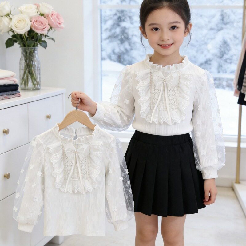 女童长袖T恤2026春秋新款韩版中大童洋气儿童纯棉泡泡袖公主上衣