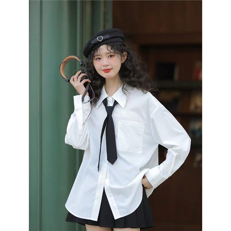 JK制服少女学院风长袖衬衫宽松慵懒领带上衣女白色衬衣中长款衬衫