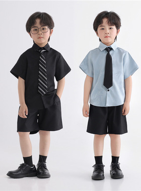 儿童黑色短袖衬衣短裤2025夏装新款幼儿园蓝色短袖衬衫黑长裤套装