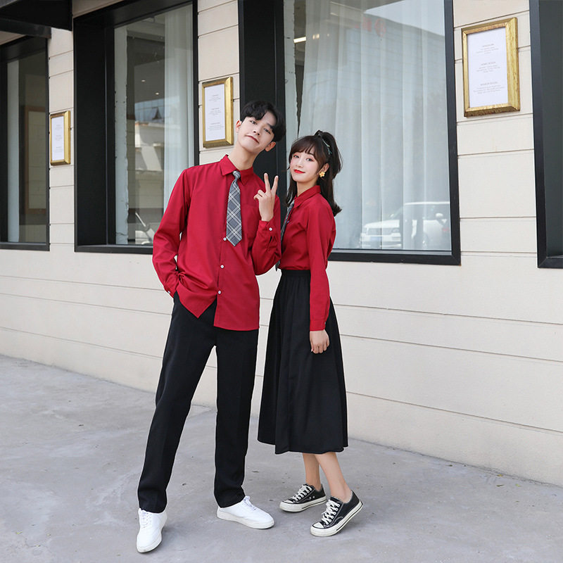 JK制服初高中学生男女酒红衬衫学院风百褶裙黑片裙校服黑西裤套装