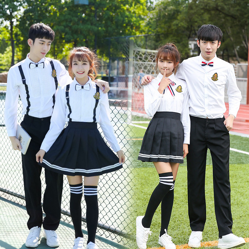 男女学生毕业班服学院风高初中生校服假背带白衬衣百褶裙情侣套装