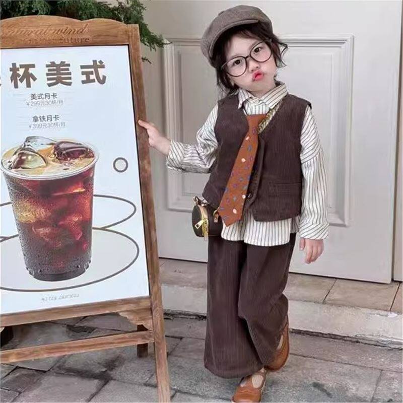 男女童韩版潮灯芯绒马甲短裤3-10岁宝宝春秋森系姐弟装百搭两件套