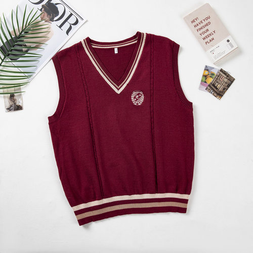 jk制服男生无袖叠穿套头毛衣小背心学院风女生针织衫刺绣马甲背心