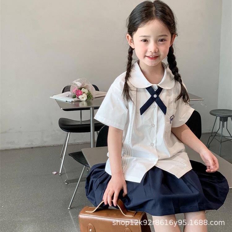女童小白色衬衣幼儿园服学院风小学生短袖白衬衫百褶裙半身裙套装