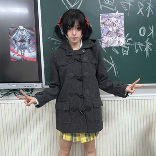 jk制服少女秋冬深灰连帽牛角扣加厚保暖中长款黑色毛呢大衣女外套