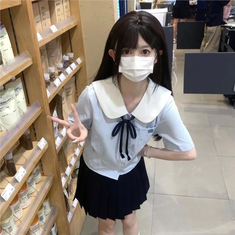 JK制服少女短袖学院风ins条纹衬衫夏季jk上衣百褶裙学生短裙套装