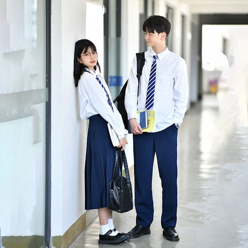 JK制服长袖白衬衫初高中生毕业季校服藏蓝裤班服百褶裙演出服套装