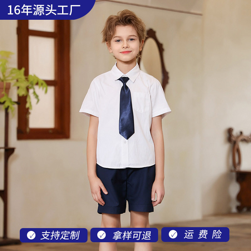 英伦风男童夏短袖白衬衫短裤藏蓝领带钢琴小主持人朗诵表演服套装