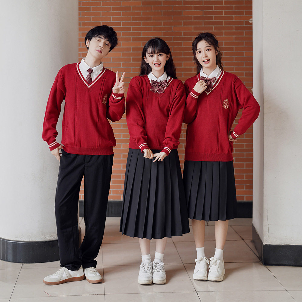 JK制服白衬衫学院风红毛衣初高中生运动会毕业拍照班服表演服套装