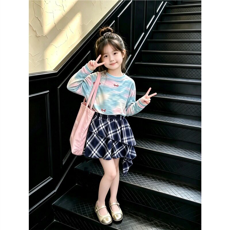 女童裙3-10岁女宝宝短裙不规则学院风格子蛋糕裙小女孩蓝色半身裙