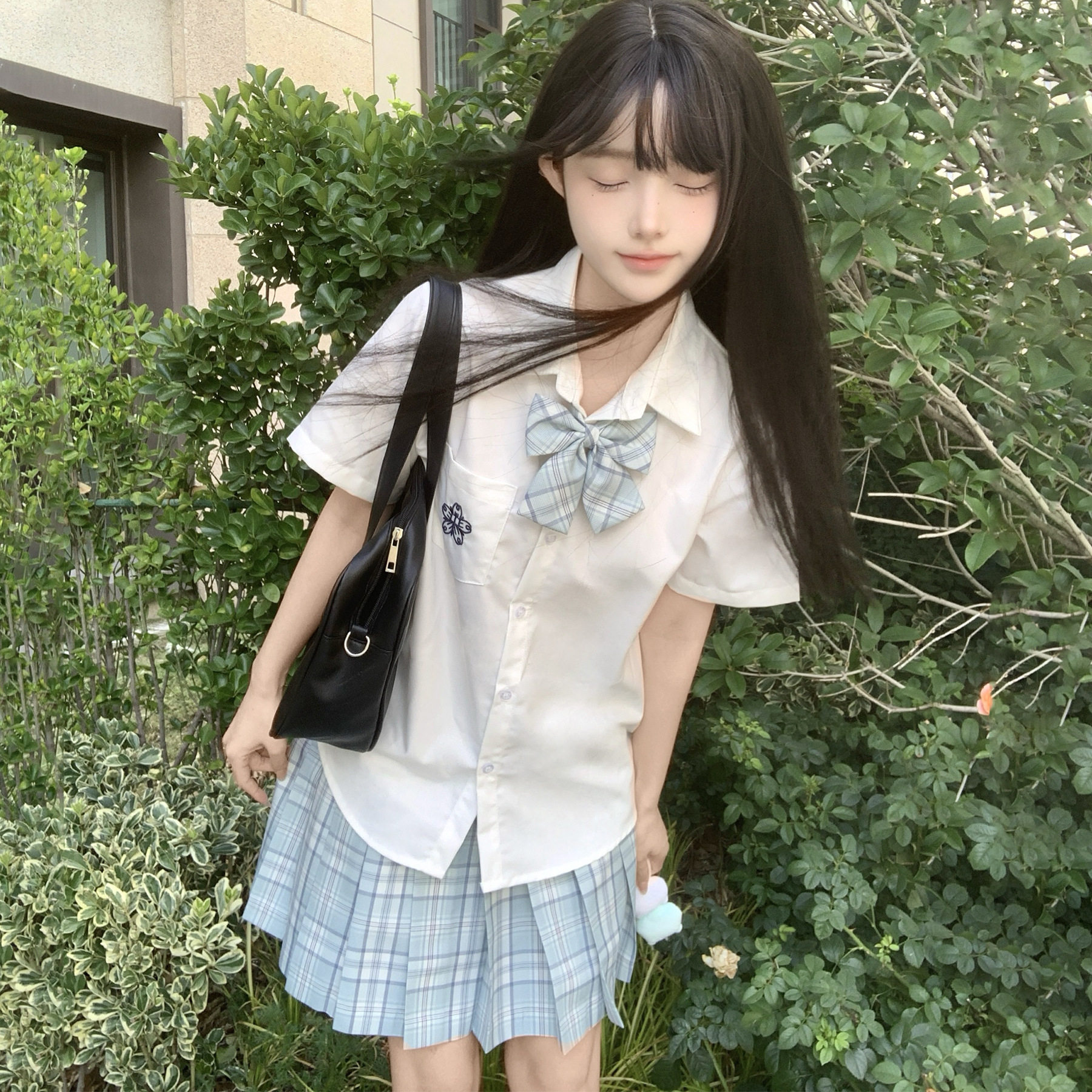 jk制服原创收腰白色短袖衬衫少女春夏学院风短袖衬衣上衣格裙套装