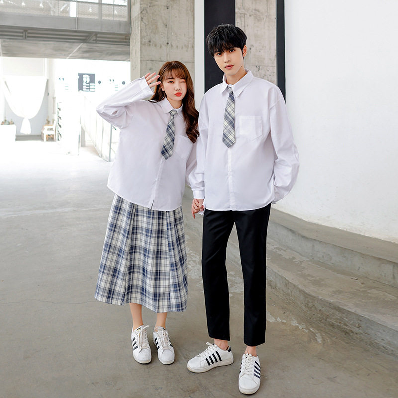 jk制服男女初高中学生白衬衫毕业班服黑色长袖衬衫西裤表演服套装
