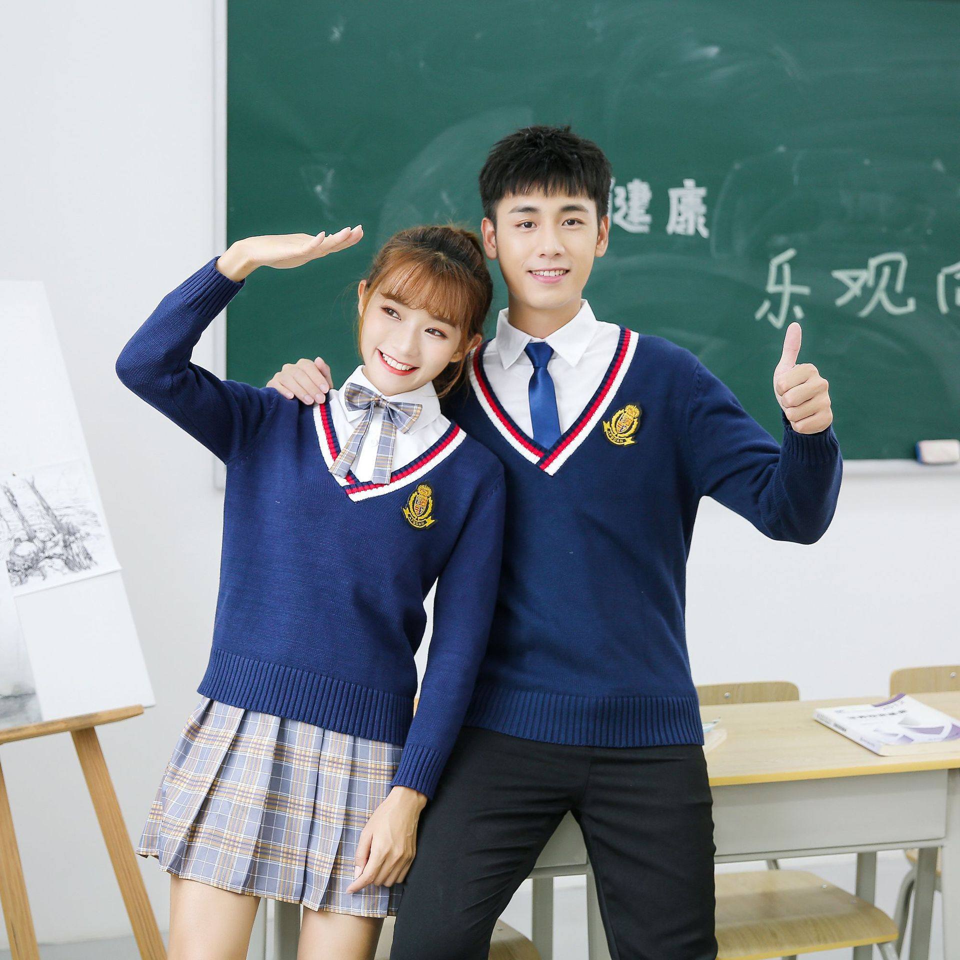 jK制服英伦学院风学生针织衫校服班服西裤灰黄格裙水手服毛衣套装