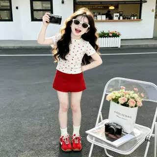 女童短袖T恤2026夏季新款韩系爱心波点短袖上衣红色短裙女孩套装