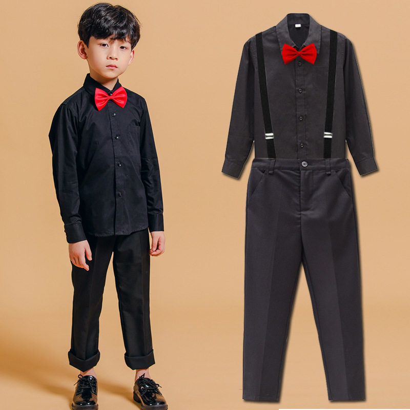 男童长袖黑色衬衫黑西裤红领结小学生主持人钢琴服礼服表演服套装