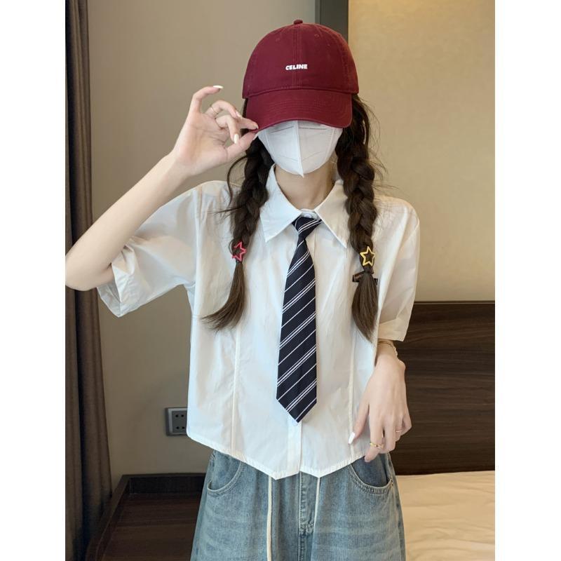设计感小众polo领短袖蓝衬衣学生女宽松短款学院风白衬衫女生上衣