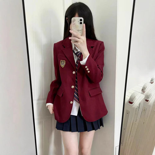 女装黑色西装外套2026春秋新款学院风JK制服徽章酒红色小西装上衣