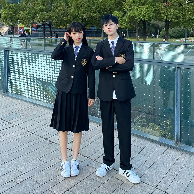 男女黑西装中学生高中生毕业季校服班服学院风百褶裙黑色中裙套装