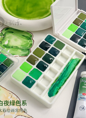 白夜水彩颜料分装固体全块管状大师级固体水彩植物美食绿色系水彩
