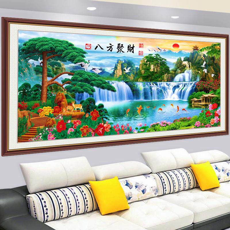 山水画客厅自贴墙壁纸风景装饰墙面墙贴纸中式自粘装饰画流水生财