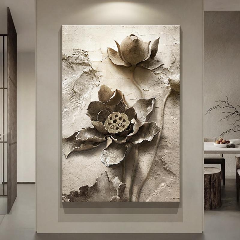 日式浮雕荷花玄关挂画沙发侘寂风装饰画客厅背景墙中式壁画立体感图片
