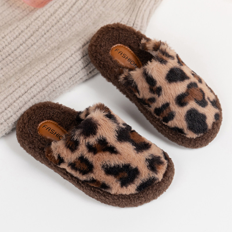 女童居家棉拖鞋秋冬新款儿童加绒豹纹一字拖男童外穿厚底毛毛鞋