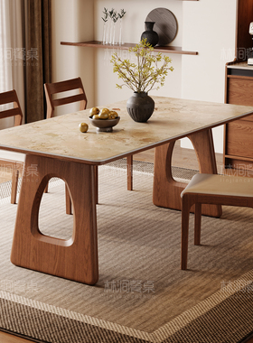 中古风洞石岩板餐桌家用小户型2025新款法式复古长方形实木饭桌